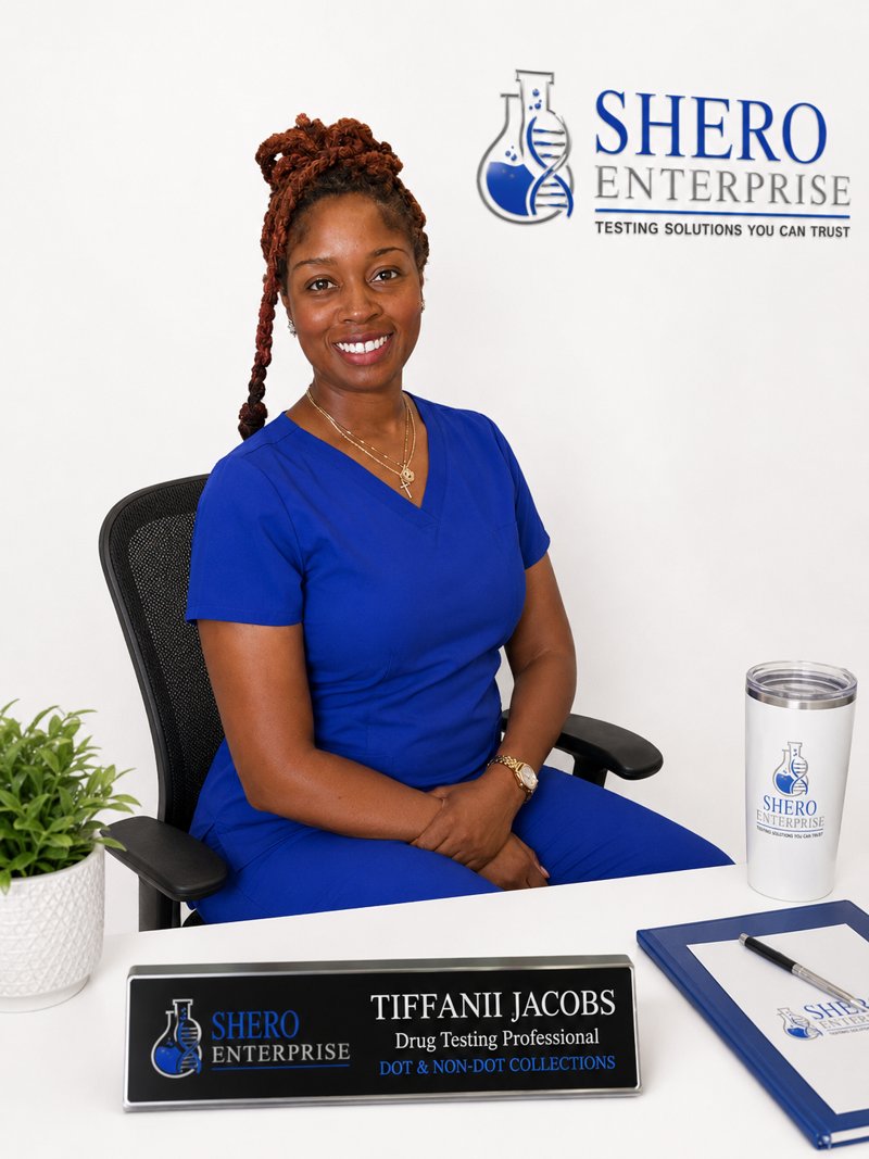 Tiffany Jacobs, Director of Shero Enterprise, seated at her desk in royal blue scrubs